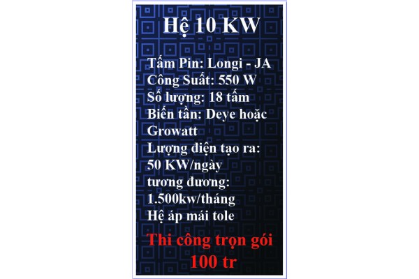 Bảng giá điện năng lượng mặt trời hệ hòa lưới bám tải 10 kw