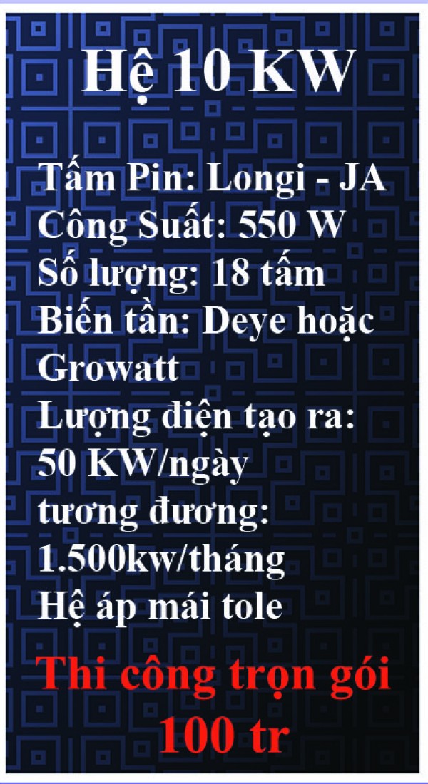 Bảng giá điện năng lượng mặt trời hệ hòa lưới bám tải 10 kw