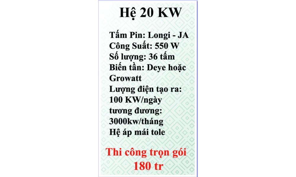 Bảng giá điện năng lượng mặt trời hệ hòa lưới bám tải 20 kw