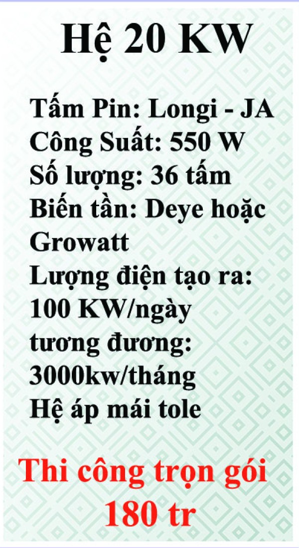 Bảng giá điện năng lượng mặt trời hệ hòa lưới bám tải 20 kw