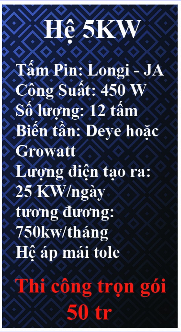 Bảng giá điện năng lượng mặt trời hệ hòa lưới bám tải 5 kw