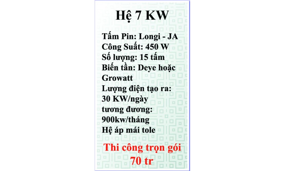 Bảng giá điện năng lượng mặt trời hệ hòa lưới bám tải 7 kw