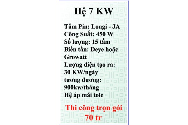 Bảng giá điện năng lượng mặt trời hệ hòa lưới bám tải 7 kw