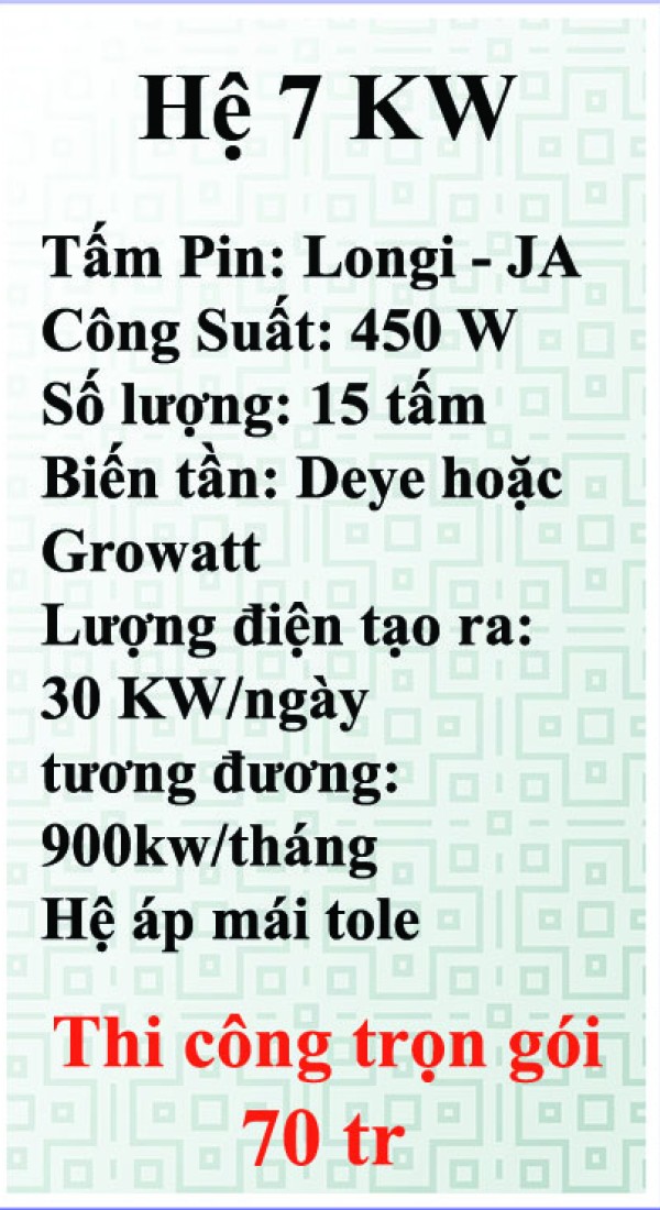 Bảng giá điện năng lượng mặt trời hệ hòa lưới bám tải 7 kw