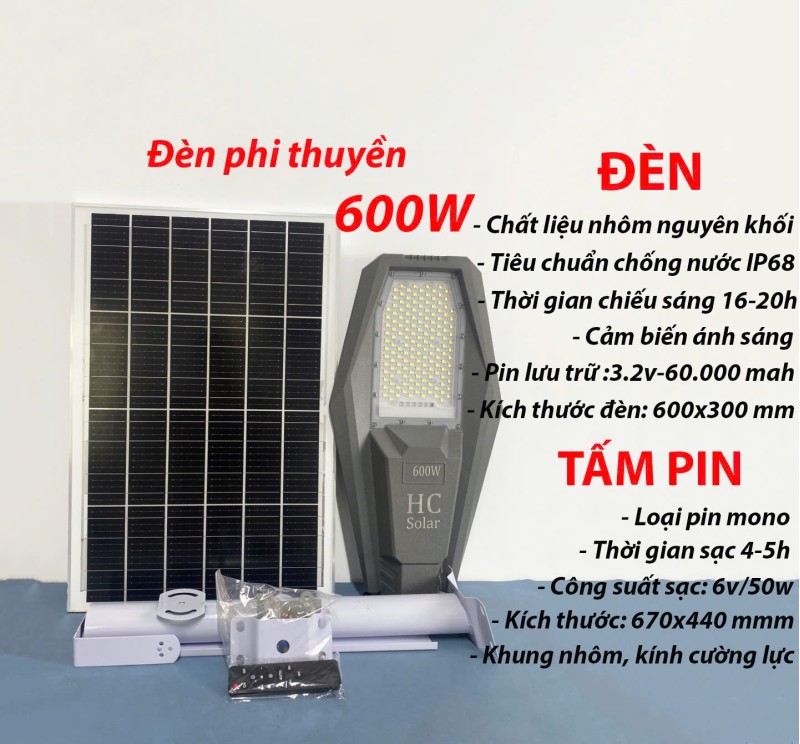 Đèn năng lượng mặt trời 600W – Đèn phi thuyền IP65/68, pin 60 000 mAh, chiếu sáng dài